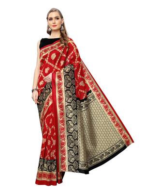 Red Printed Art Silk Saree With Blouse 2