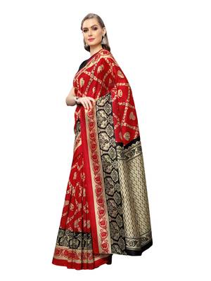 Red Printed Art Silk Saree With Blouse 3