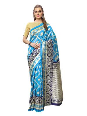 Blue Printed Art Silk Saree With Blouse 1