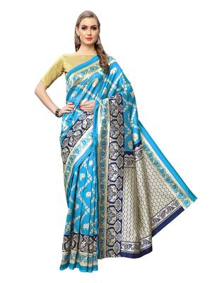 Blue Printed Art Silk Saree With Blouse 2