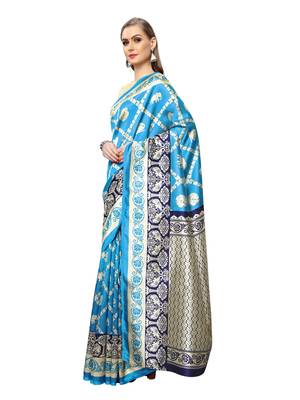 Blue Printed Art Silk Saree With Blouse 3