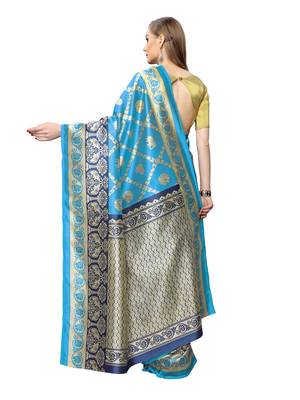 Blue Printed Art Silk Saree With Blouse 4