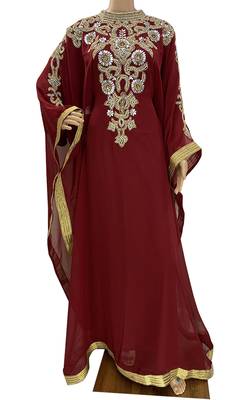 maroon georgette moroccan islamic dubai kaftan farasha zari and stone work dress 1