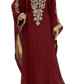 maroon georgette moroccan islamic dubai kaftan farasha zari and stone work dress