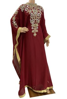 maroon georgette moroccan islamic dubai kaftan farasha zari and stone work dress 2