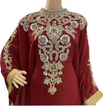 maroon georgette moroccan islamic dubai kaftan farasha zari and stone work dress 3