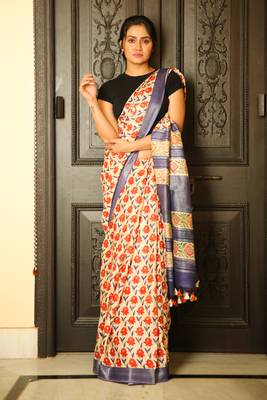 Off white printed linen saree with blouse 1