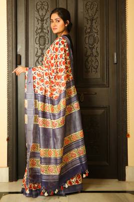 Off white printed linen saree with blouse 2