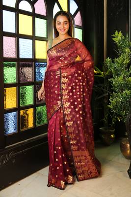 Wine woven blended cotton saree with blouse 1