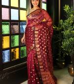 Wine woven blended cotton saree with blouse