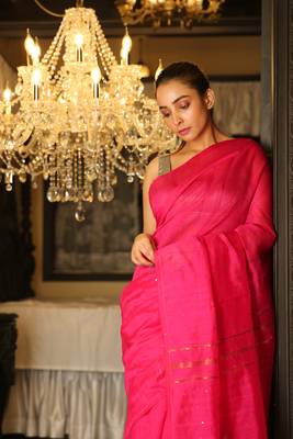 Pink woven blended cotton saree with blouse 3