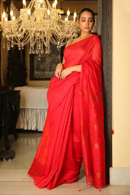 Red woven blended cotton saree with blouse 1