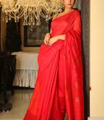 Red woven blended cotton saree with blouse
