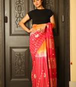 Orange printed blended cotton saree with blouse