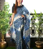 Blue printed blended cotton saree with blouse