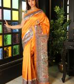 Yellow printed silk saree with blouse