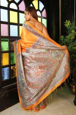 Yellow printed silk saree with blouse 2