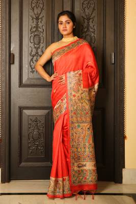 Orange printed silk saree with blouse 1
