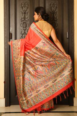 Orange printed silk saree with blouse 2