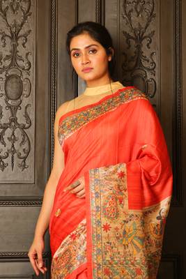 Orange printed silk saree with blouse 3
