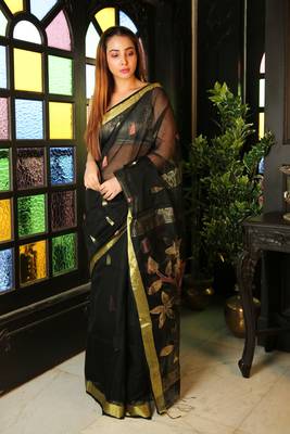 Black woven blended cotton saree with blouse 1