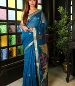 Blue woven blended cotton saree with blouse