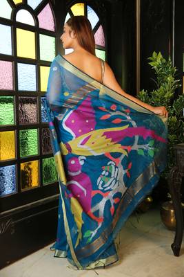 Blue woven blended cotton saree with blouse 2