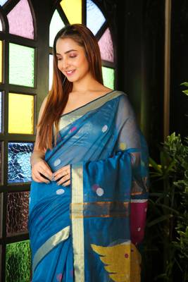 Blue woven blended cotton saree with blouse 3