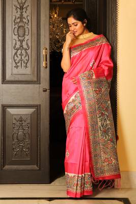 Pink printed silk saree with blouse 1