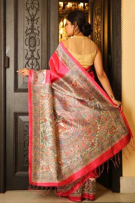 Pink printed silk saree with blouse 2