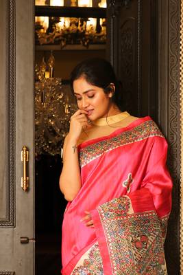 Pink printed silk saree with blouse 3