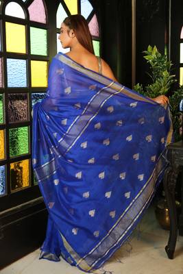 Blue woven blended cotton saree with blouse 2