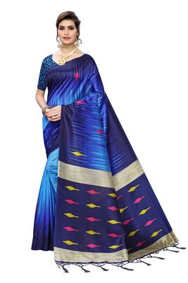 Blue printed art silk saree with blouse 1