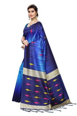 Blue printed art silk saree with blouse 2