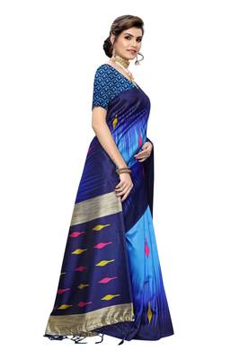 Blue printed art silk saree with blouse 3