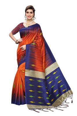Orange printed art silk saree with blouse 1