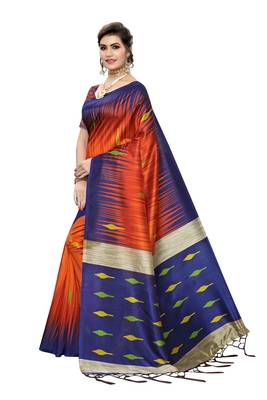 Orange printed art silk saree with blouse 2