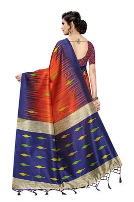 Orange printed art silk saree with blouse 4