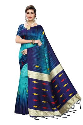 Turquoise printed art silk saree with blouse 1