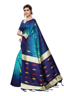 Turquoise printed art silk saree with blouse 2