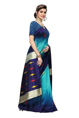 Turquoise printed art silk saree with blouse 3