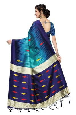 Turquoise printed art silk saree with blouse 4
