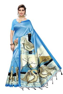 Blue printed art silk saree with blouse 1