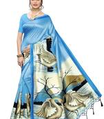 Blue printed art silk saree with blouse