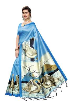 Blue printed art silk saree with blouse 2