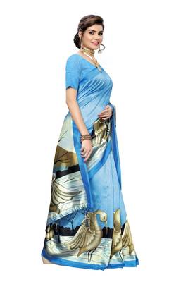 Blue printed art silk saree with blouse 3