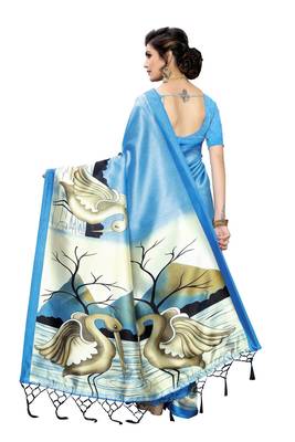 Blue printed art silk saree with blouse 4