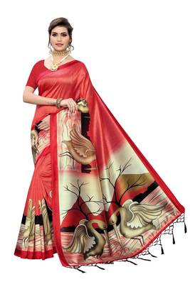 Red printed art silk saree with blouse 1