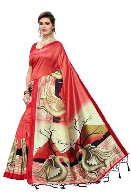 Red printed art silk saree with blouse 2