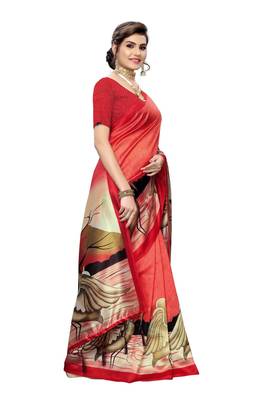 Red printed art silk saree with blouse 3